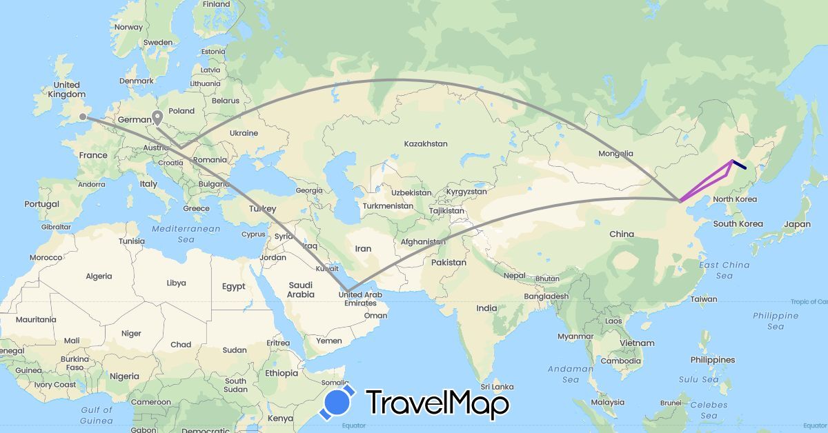 TravelMap itinerary: driving, plane, train in China, Czech Republic, United Kingdom, Hungary, Qatar (Asia, Europe)